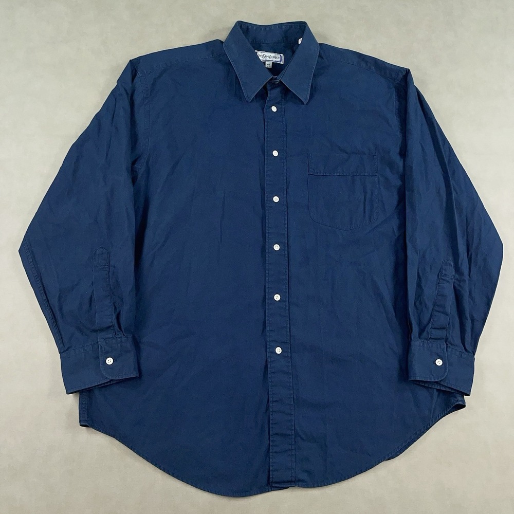 Vintage Yves Saint Laurent Shirt Navy Blue Heavy Cotton Long Sleeve Size 16.5
